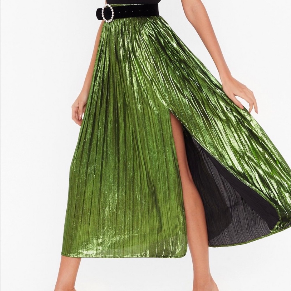 Metallic green pleated maxi skirt